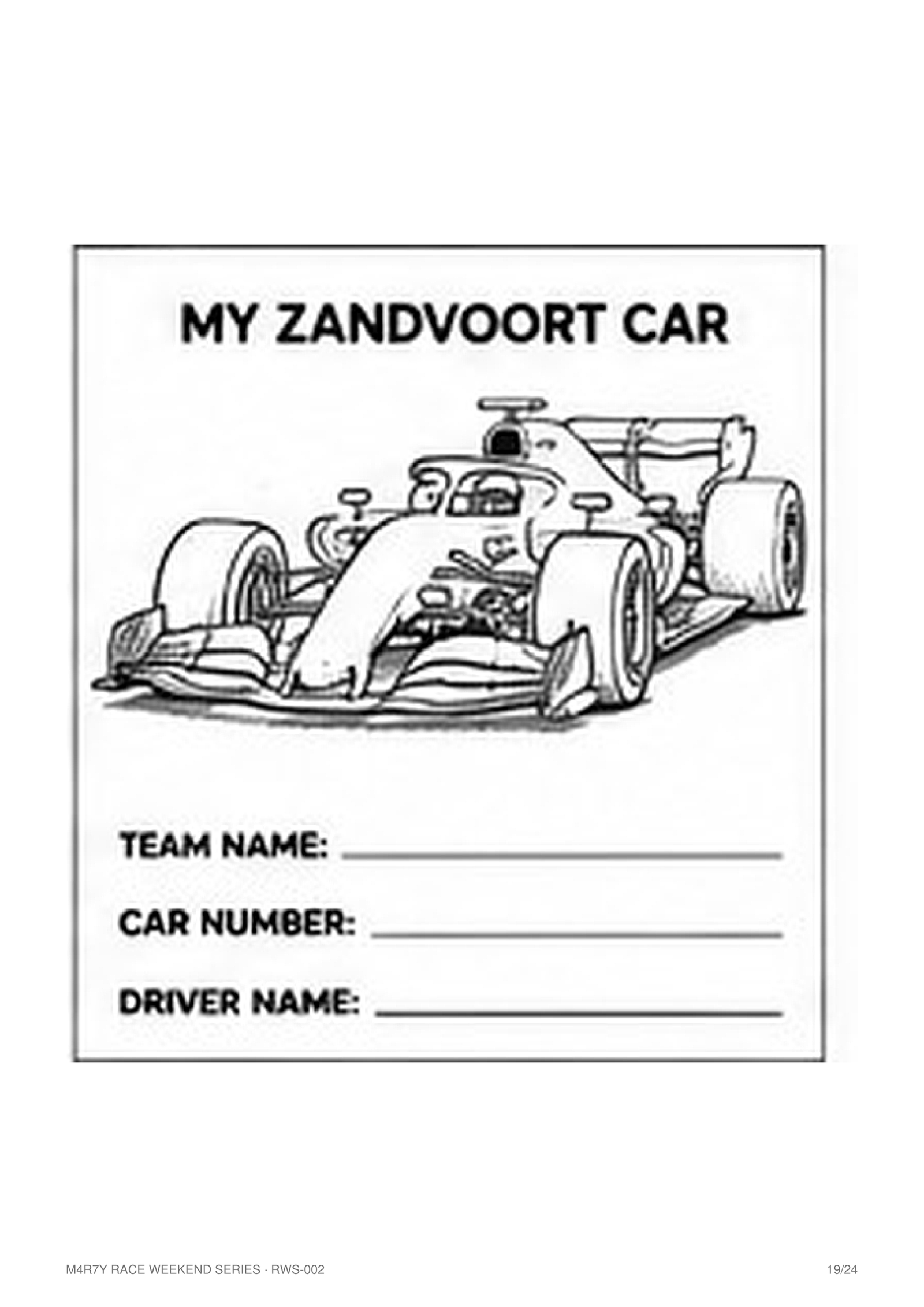 My Zandvoort Car personalisation page from the M4R7Y RWS-002 Race Weekend Colouring Book