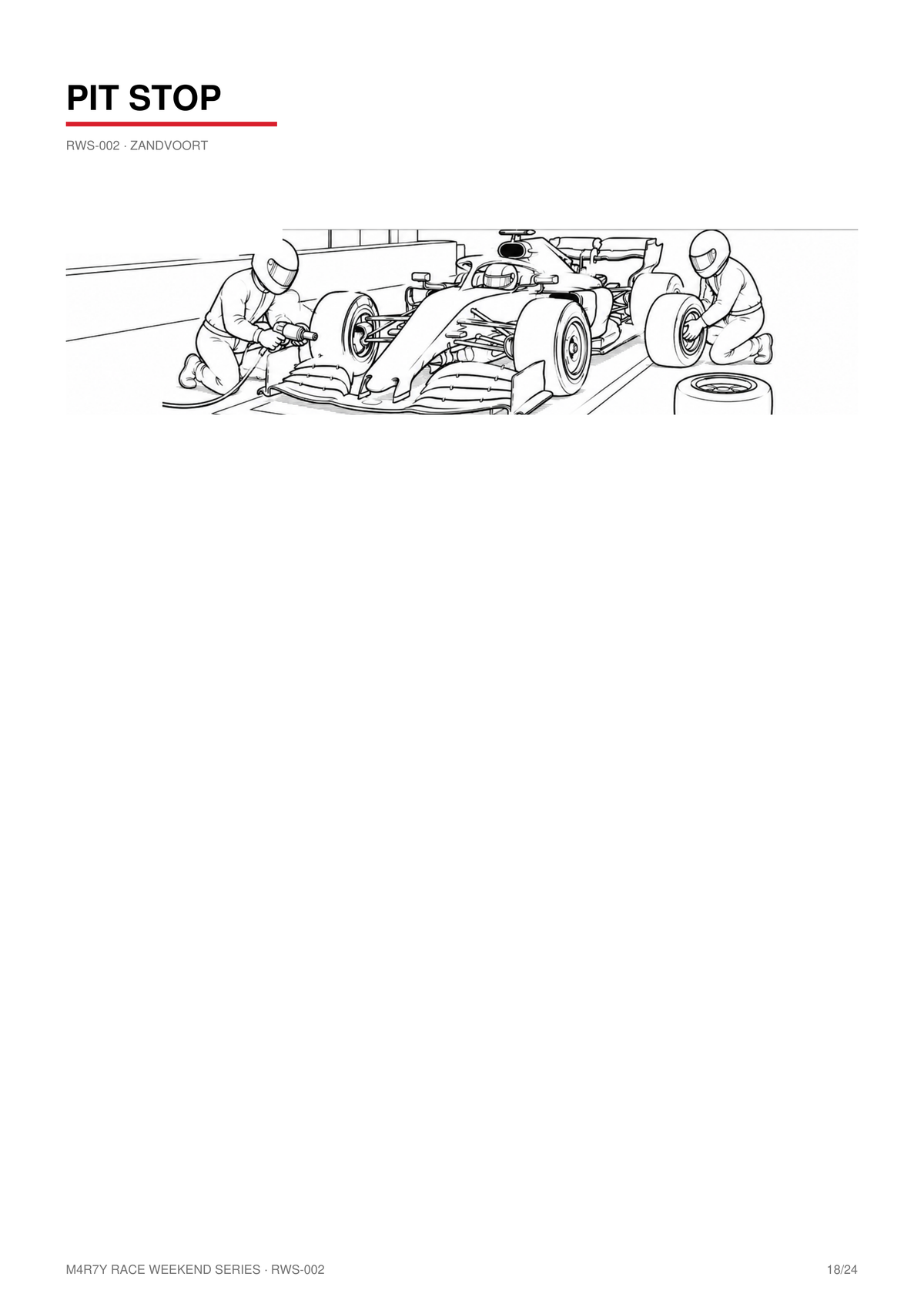 Pit Stop activity page from the M4R7Y RWS-002 Zandvoort Race Weekend Colouring Book